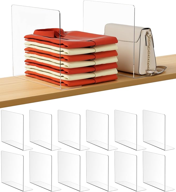 HBlife Acrylic Shelf Dividers for Closet Organization, 12 Pack Clear Sturdy Separate Closet Dividers for Shelves, Adjustable Purse Organizer for Sweater, Shirts, Handbags, Books in Bedroom and Kitchen