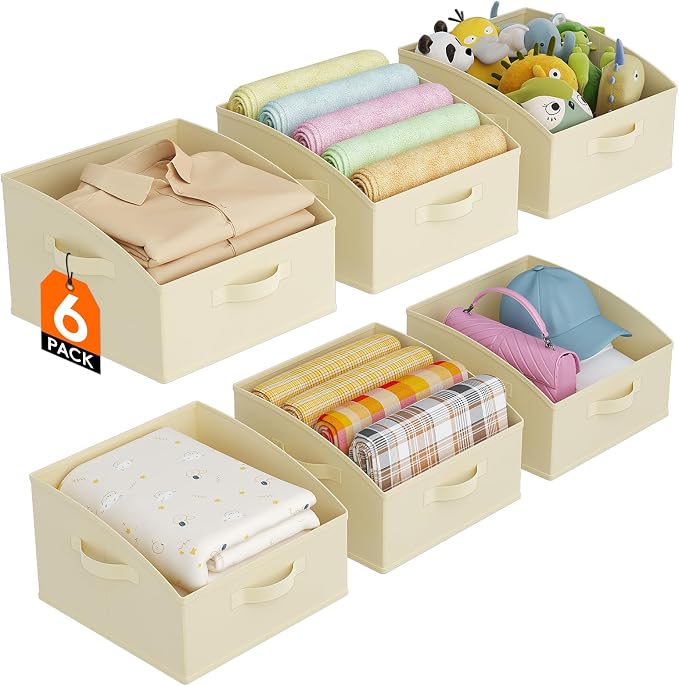 Lifewit Trapezoid Closet Storage Bins for Shelf, 6 Packs Non-woven Closet Organizer Baskets with Handles, Foldable Clothes Containers Boxes for Clothing, Book, Purse, 16L, Medium, Beige