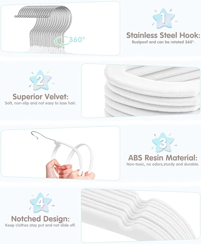 VIS'V Velvet Baby Hangers with 6 Pcs Size Dividers, 11 Inch, White, 30 Pcs | Compact Size, Non Slip, Infant Toddler Nursery Closet Organization