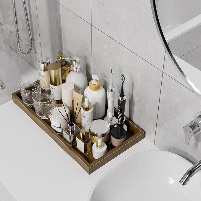 ZHWS Bathroom Vanity Tray for Countertop Perfume Makeup Jewelry Candle Decor, Kitchen Tray for Soap Dispenser Spice Salt, Large Tray for Toilet Tank Paper, Serving Nightstand Brown 13”x6.5”