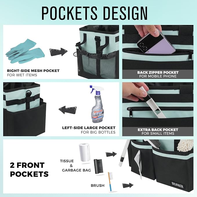 SCAVATA Compact Wearable Cleaning Caddy, Small Cleaning Supplies Organizer with Handle & Shoulder Straps for Housekeepers, Under Sink & Car Cleaning Tool Organizers Bag, Baby Blue