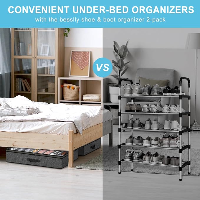 Under Bed Shoe Storage Organizer for Closet, 32 Pairs Sturdy Underbed Shoe Storage Boxes Bins Container Foldable Shoes Storage with Reinforced Handles & Clear Window for College Dorms Grey, Set of 2