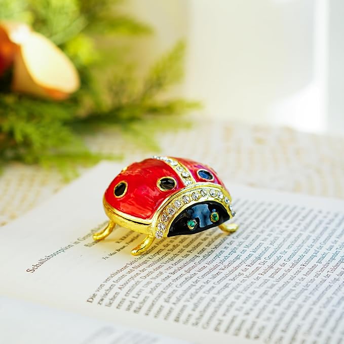 YU FENG Ladybug Figurine Trinket Box Hinged Crystals Jeweled Small Cute Animal Jewelry Boxes Collectible