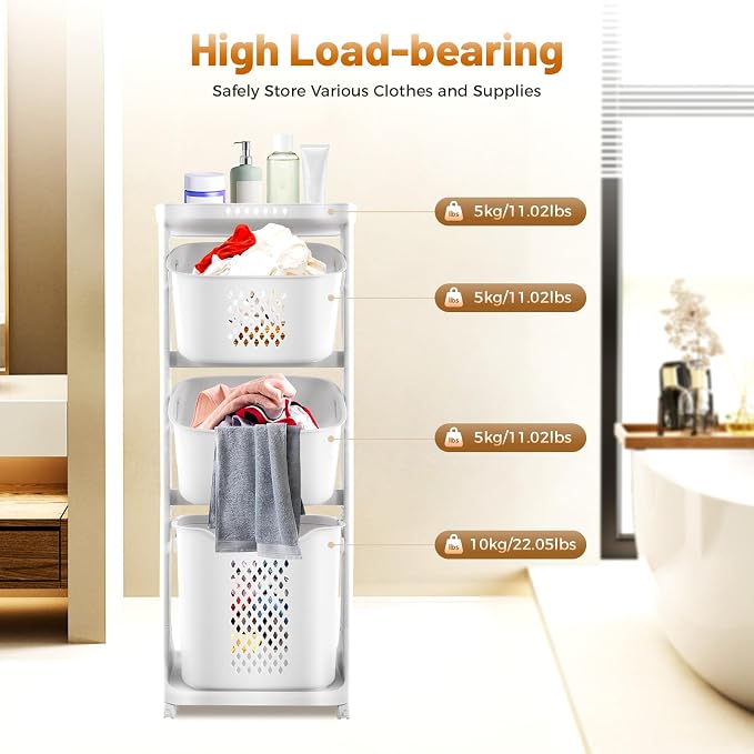 Rolling Laundry Hamper Storage Sorter- 3 Tier Rolling Laundry Basket Vertical w/Wheels & Removable| Laundry Cart Organizer for Small Space, Dorm, Closet, Bathroom