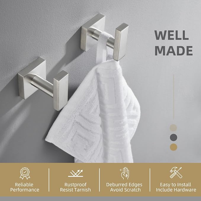 Angle Simple Bathroom Towel Hook 2 Pack, SUS304 Stainless Steel Bath Robe Holder, Modern Coat Hook Wall Mounted, Brushed Nickel
