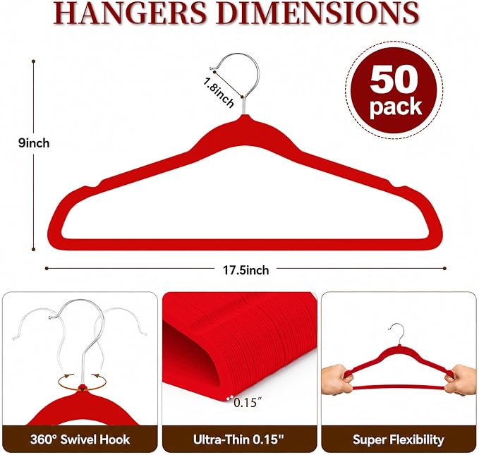Velvet Hangers 50 Pack, Non Slip Clothes Hangers with Shoulder Notches, Slim Felt Hanger with 360° Swivel Hook, Space-Saving, Heavy Duty, for Coat, Shirt, Pants, Dress, Suits, Red