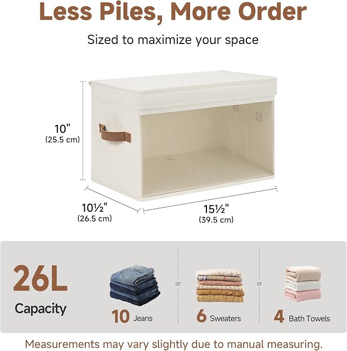 StorageWorks Fabric Storage Bins with Lids, Large Closet Storage Bins | Flip-Top Lid, Clear Window, Handles, Collapsible, for Clothes Blankets Books, Closet Box, Ivory White, 2-Pack