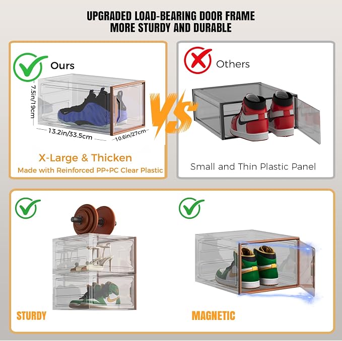 6 Pack Shoe Storage Box Organizer, Clear Thicken Stackable Plastic Shoe Boxes with Magnetic Door, Sturdy Shoe Containers for Sneakers Boots, Easy to Assemble, Fit up to US Size 12(13.2''x10.6''x7.5'')