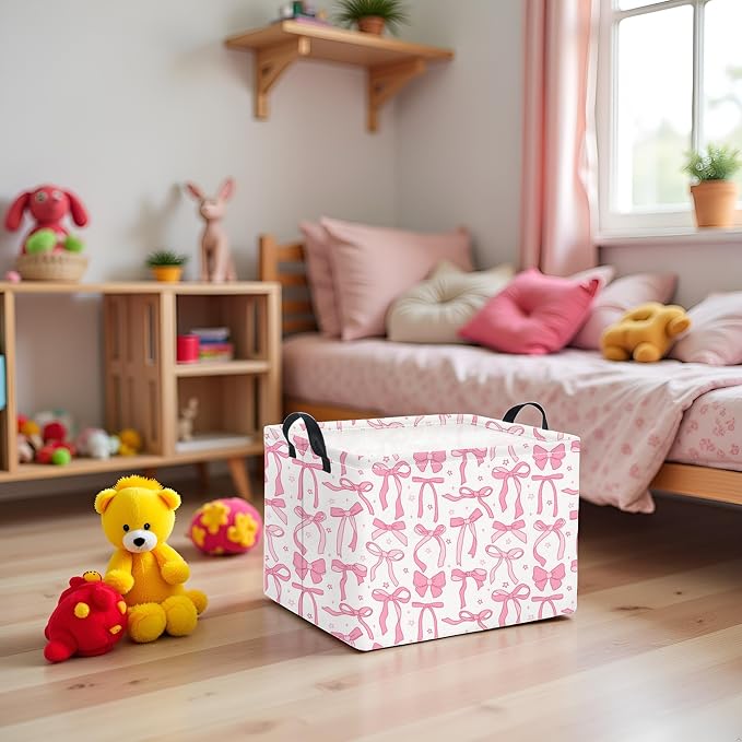 Rectangular Kids Storage Basket for Home Kitchen Girls Cute Storage Bin Organizer Shelf Book Room Decor(Pink Bowknot)