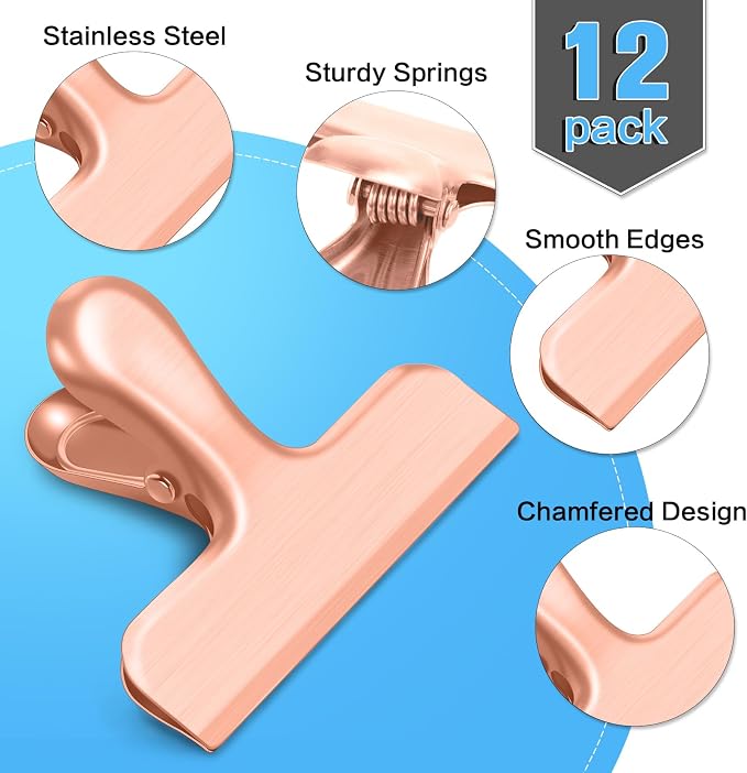 Chip Clips, 12 Pack Bag Clips, Stainless Steel Chip Clip, Metal Clip for Food, Air Tight Seal Great for Kitchen Home Office (Rose Gold)
