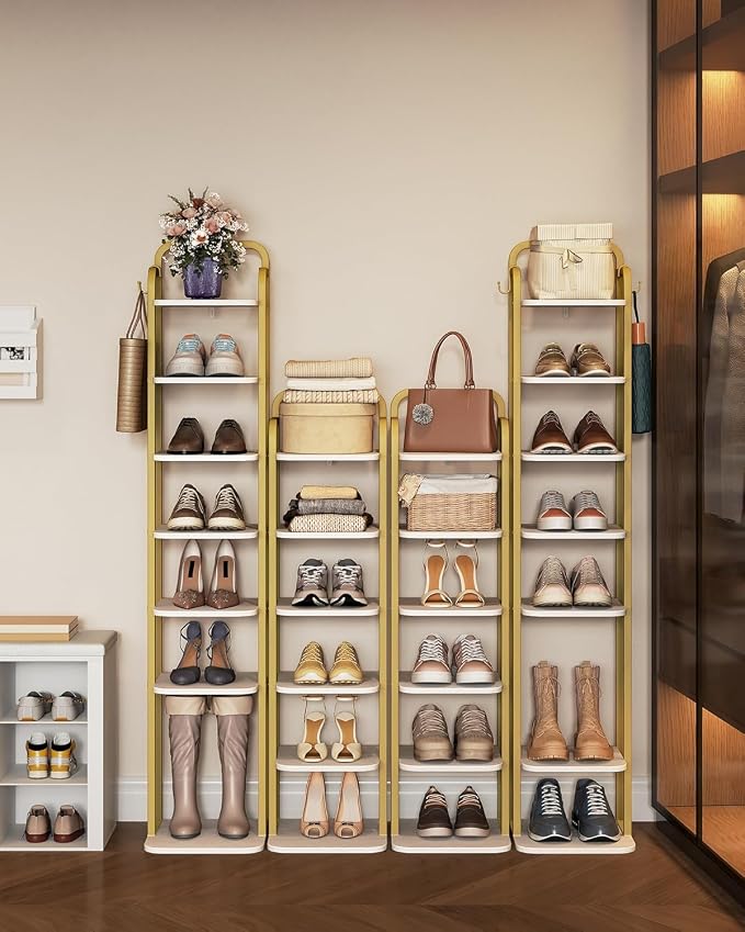 Hzuaneri 6 Tiers Vertical Shoe Rack, Narrow Shoe Tower, Tall Shoes Shelf with 2 Hooks, Adjustable Shelves, Corner Shoes Shelves for Small Spaces, Entryway, Living Room, White Gold SR04213A