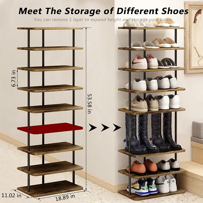 AZERPIAN Shoe Rack 9 Tier Vertical Storage Organizer Double Row Narrow Metal Slim Shelf Modern Free Standing Shoe Tower Saving Space for Closet Entryway Bedroom,Black+Rustic Brown