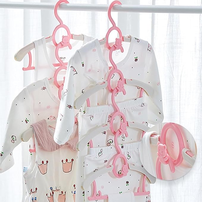 HGYZE Kid Hangers for Closet 50pcs, Pink Infant Clothes Hanger 11-14" Adjustable Plastic Baby Coat Perchas with Bear Hook, Non-Slip Children Outfit Hangars for Boy Toddler Newborn Teen Clothing