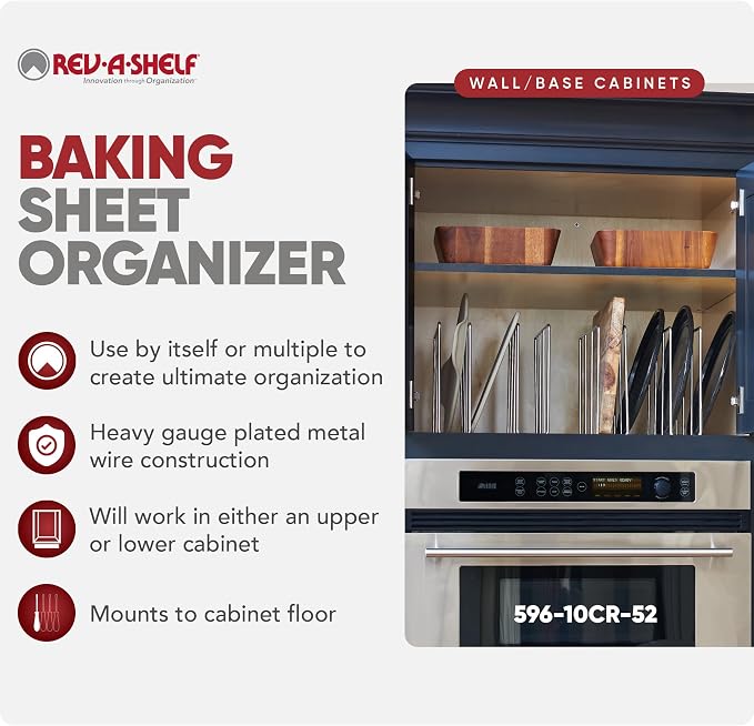 Rev-A-Shelf Baking Sheet Organizer for Wall/Base Cabinets, U-Shaped Bakeware & Cookie Sheet Wire Tray Divider for Kitchen Storage, Chrome, 596-10CR-52