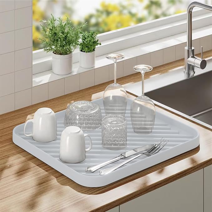 Silicone Organizer Tray for Kitchen Sink and Bathroom, Dishwasher Tray, Versatile Bathroom and Drawer Organizer Trays, Non-Slip Countertop (White)