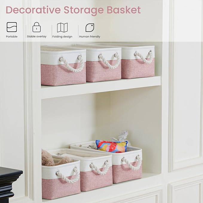 Storage Baskets for Shelves 11.8x7.9x5.2 Inch, Foldable Fabric Storage Bins with Handles, Small Storage Baskets for Organizing Closet, Office, Home Organization (1-Pack, White&Pink)