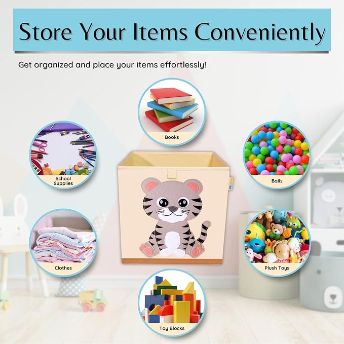 Washable Toy Organizers and Storage, Canvas Toy Chest Organizer Foldable Kids Toy Storage Organizers for Child's Bedroom or Playroom -13x13x13 Inch (Tiger Cub)