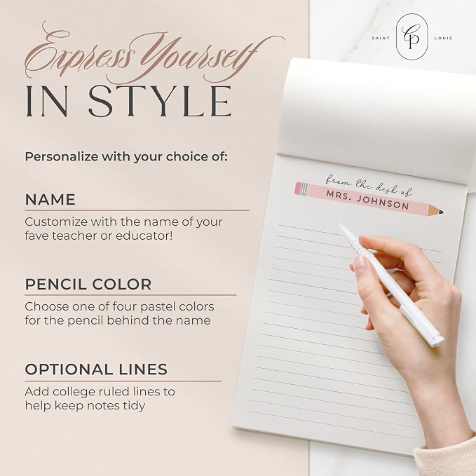 Curio Press Personalized Notepad 50 or 100 Sheets, Custom Stationery Note Pad 3 Sizes - From Desk Of Text Teacher Gifts Appreciation Note with Name Teacher Stationery Gifts - Pastel Pencil Pad