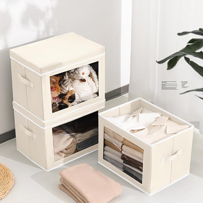Homsorout Large Storage Bins with Lids - Fabric Storage Cubes with Window, Collapsible Bins for Clothes, 15.7 Inch Large Baskets for Bedroom, Dorm, Office, Beige, 6 Pack