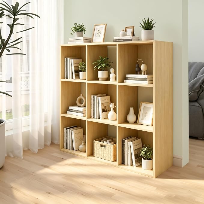 9 Cube Shelf Bookcase, Oak 11in | Anti-Tipping Kits, Reversible Open Back, Multi Layer Multi Grid Partition Layout