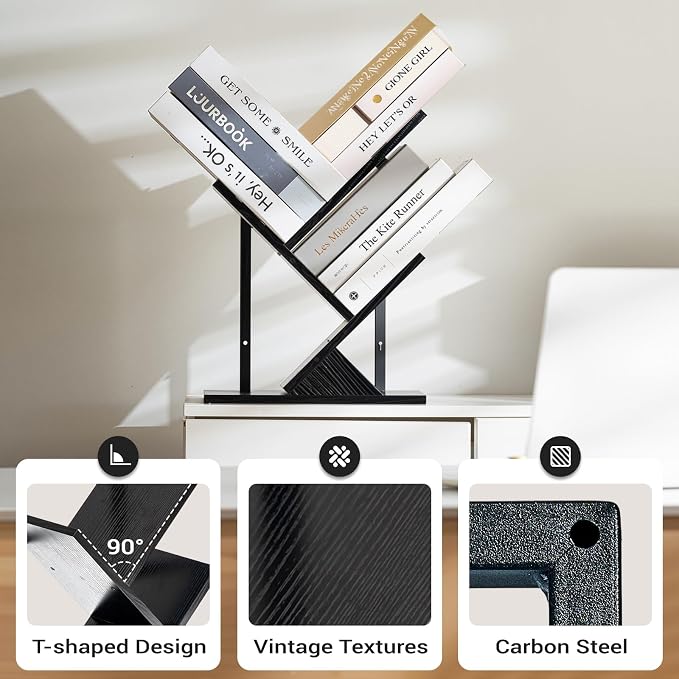 3 Tier Small Tree Bookshelf Black Floating Book Shelves for Wall, Unique Hanging Bookshelf Small for CDs/Magazine/Books Display, Desktop shelf Floor Standing Mini Bookcase for Bedroom, Living Room
