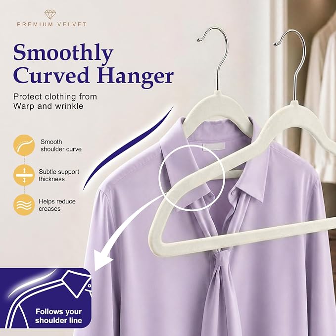 HOUSE DAY Ivory Velvet Hangers 60 Pack, Sturdy Non Slip Hanger Wrinkle-Free | Clothes Hangers with 360° Swivel Hook, Heavy Duty Slim Felt Hangers for Closet Space Saving, No Shoulder Bumps for Shirt-75g