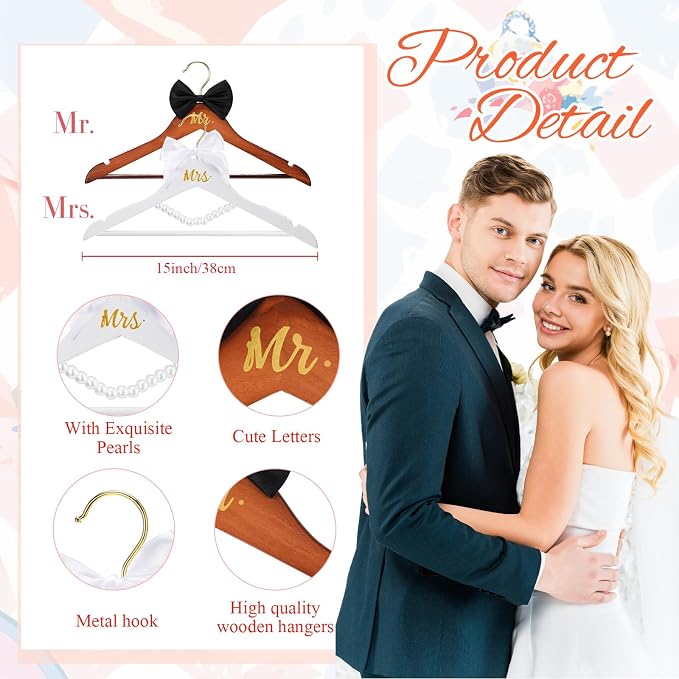 Beeveer 2 Pcs Bride Hanger for Wedding Dress Bride and Groom Wooden Wedding Dress Hanger Set with Bow Tie for Tuxedo Suit Gift Bridal Party Shower