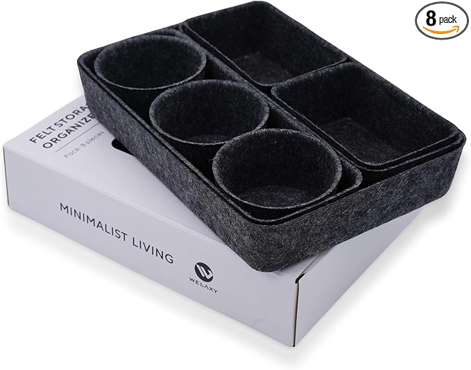 Welaxy office desk drawer organizer tray felt Storage Bin for pens Jewelry makeup decluttering sleek minimalist living 8-piece(Carbon)