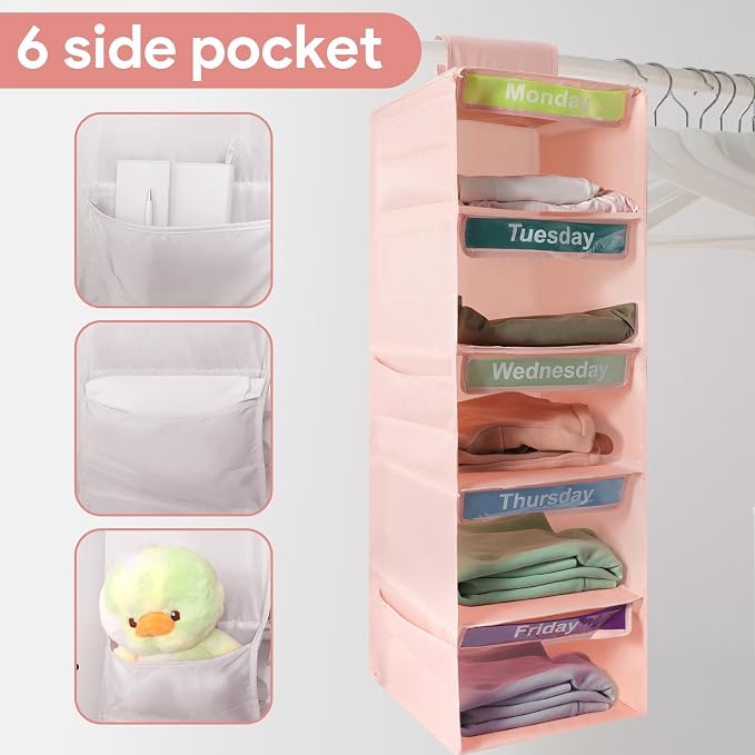 5 Shelf Days of The Week Clothes Organizer for Kids Weekly Outfits(Pink) | Weekly Clothes Organizer Monday Through Friday, Daily Hanging Closet Storage Shelves with 6 Side Pockets for Dorm Room