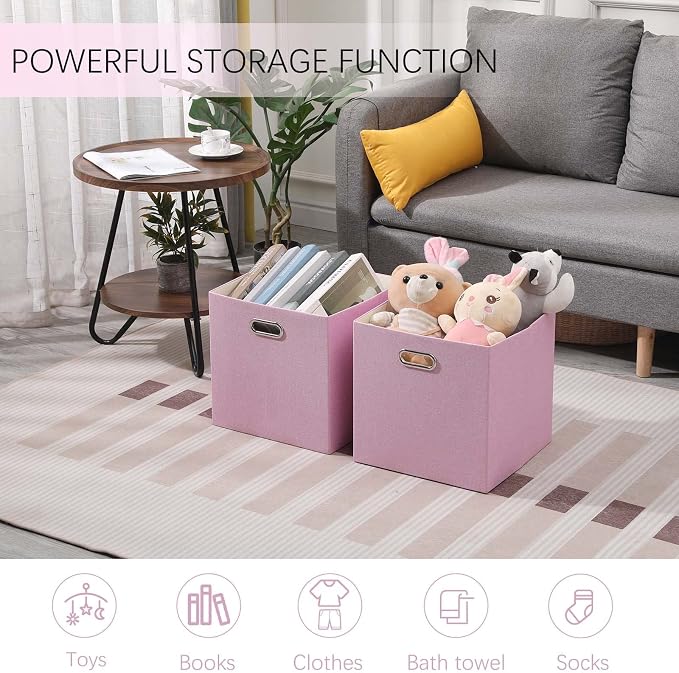 Cube Storage Bins 13x13 Linen Foldable Box with Handles, Collapsible Organization Basket Set of 4 Large Capacity Drawer for Closet Shelf Cabinet Bookcase Bedroom,Pink