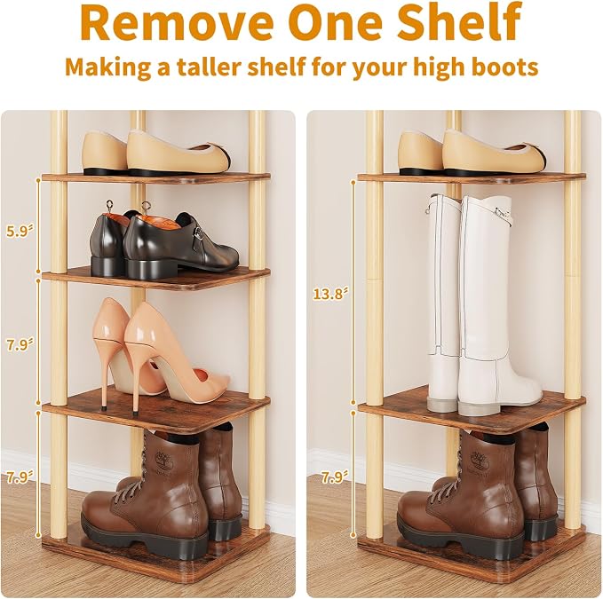 LUCKNOCK Vertical Shoe Rack, 8-Tier Tall Narrow Shoe Organizer for Entryway, Closet, Dorm & Small Spaces, Freestanding Wooden Shoe Shelf Tower for Boots, Sneakers, Heels. (Rustic Brown)