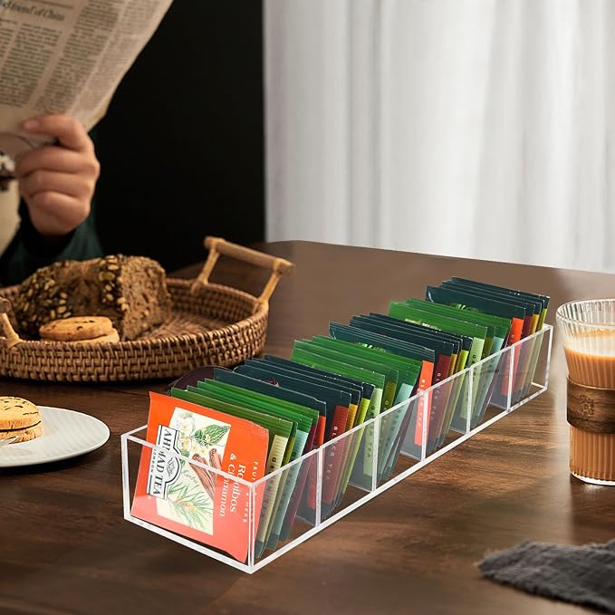 Tea Bag Organizer, Clear Tea Bag Holder with 6 Slot, Tea Packet Storage for Countertop, Drawer, Kitchen, Pantry, Cabinet