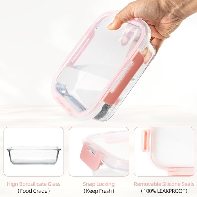 16Pack Glass Meal Prep Containers 8 Bowls with 8 Airtight Pink Lids 2 Sizes | Borosilicate glass food storage set for lunch, leftovers & portion control — microwave/freezer/dishwasher safe, leak-proof