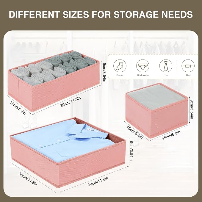 DIMJ Fabric Drawer Organizer Bins - 12 Pack Foldable Sock & Clothes Organizer - Pink
