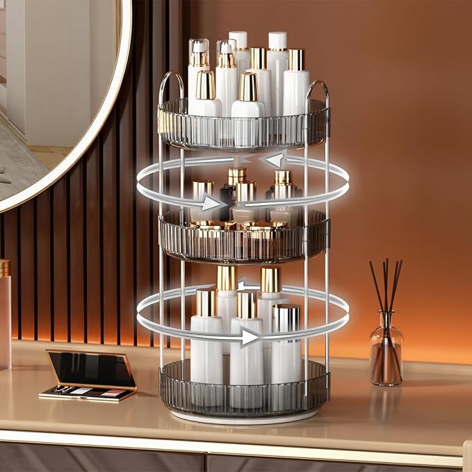 YCIA&DONE 360 Rotating Makeup Organizer and Storage for Vanity Countertop 3 Tiers, High Capacity Cosmetic Skincare Perfume Organizers for Dresser Bathroom Lazy Susan (Smoky Gray)