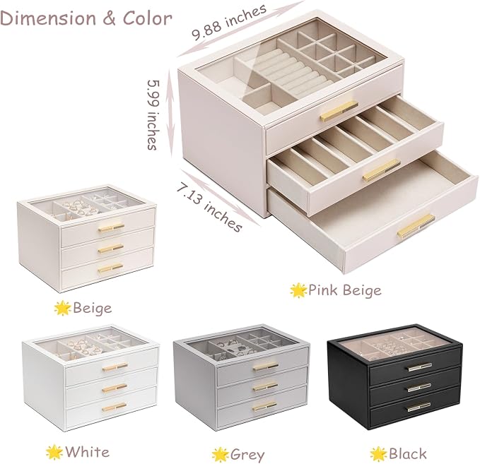 VLANDO 3-Drawer Jewelry Box with Glass Lid, Faux Leather Organizer for Rings Earrings Necklaces and More, Gift-Ready Jewelry Case for Women Girls or Moms, Grey