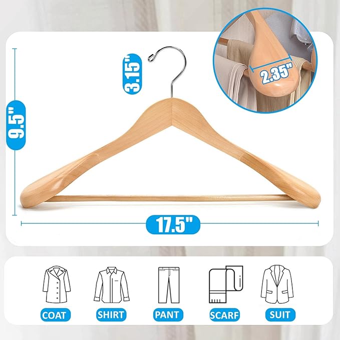 Amber Home 6 Pack Wide Shoulder Wooden Suit Hangers, Natural | Natural Wood Coat Hangers with Non Slip Pants Bar, Clothes Hangers for Jackets, Sweaters, Pants & Heavy Clothes