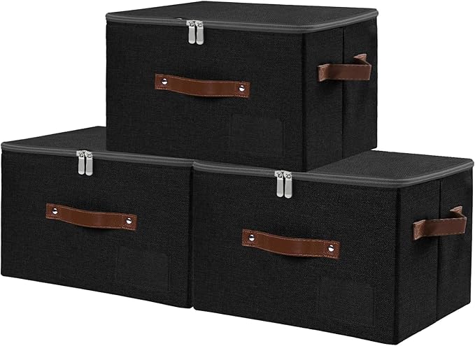 ANMINY 3PCS Storage Bins with Zipper Lid Storage Boxes with Label Holder PU Leather Handles Washable Foldable Decorative Lidded Cotton Linen Fabric Cubes Baskets Closet Organizer - Black, Medium