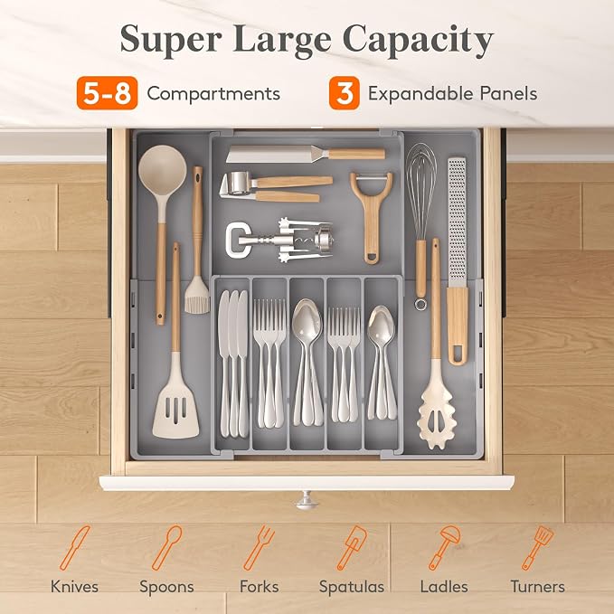 Lifewit Silverware Drawer Organizer, Expandable Utensil Tray for Kitchen, BPA Free Flatware and Cutlery Holder, Adjustable Plastic Storage for Spoons Forks Knives, 5-8 Slots, Gray