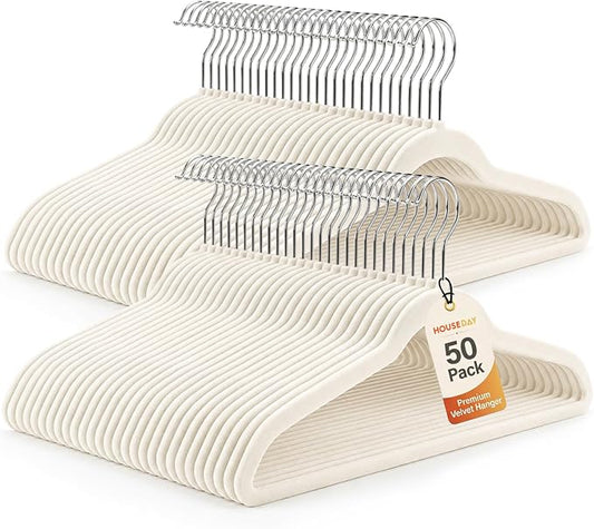 HOUSE DAY Ivory Velvet Hangers 50 Pack - Non Slip Felt Hangers Closet Essentials, Premium Space Saving Hanger, Gentle on Clothes, Sturdy Shoulder Design