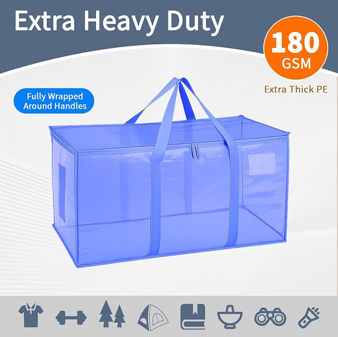 4 Pack-Extra Large Heavy Duty Moving Bags - Waterproof Storage Totes with Handles & Zippers, Foldable for College Dorm, Storage (Blue)