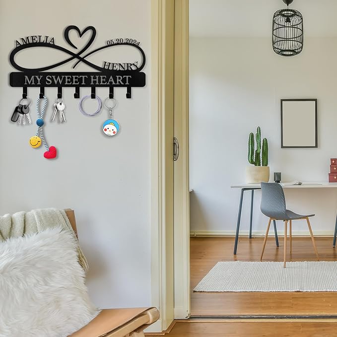 Dyoart Personalized Key Holder Wall Mount, Custom Couple's Name Key Holder for Wall, Love Shape Wedding Couple Gifts, Metal Key Rack Coat Rack, Key Rack Organizer for Bedroom Hallway Decor