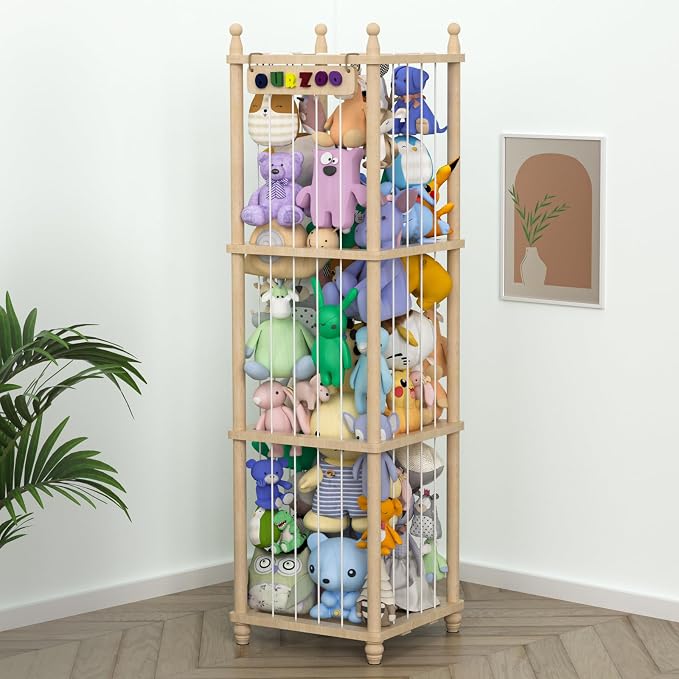 Stuffed Animal Storage Zoo, 57" Tall Solid Pine Wood Toy Organizer with Exclusive 3D Sign, Large Vertical Plushie Cage Holder with Elastic Cords for Playroom Corner & Nursery Decor XL