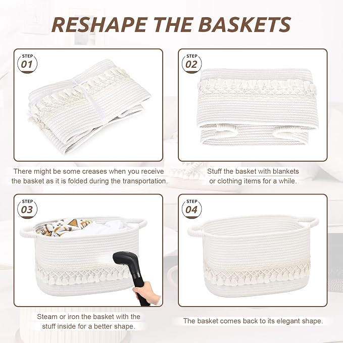 2 Pack Storage Basket for Shelves, Boho Cotton Rope Storage Bins with Heavy Tassel, Shelf Baskets Large Woven Baskets for Organizing, Cube Organizer Bins, Baby Laundry Basket for Clothes, Toys, Pets
