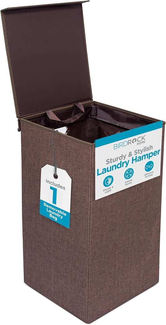BirdRock Home Single Laundry Hamper with Lid and Removable Liner | Linen | Easily Transport Laundry | Foldable Hamper | Cut Out Handles