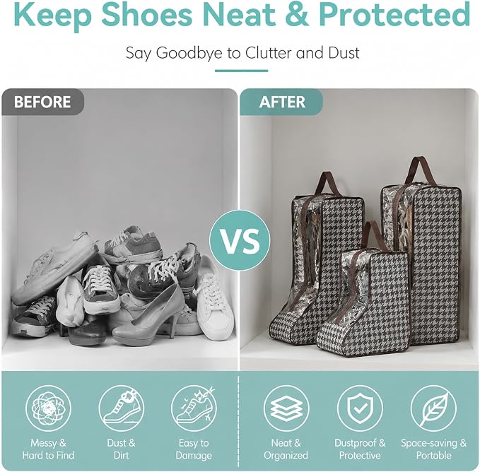 Boot Storage Bag Organizer,Dustproof Boot Bags for Cowboy Boots,Portable Travel Shoe Protector Bags,Tall Boot Covers Storage Organizer for Packing (1 Short + 2 Long Houndstooth)