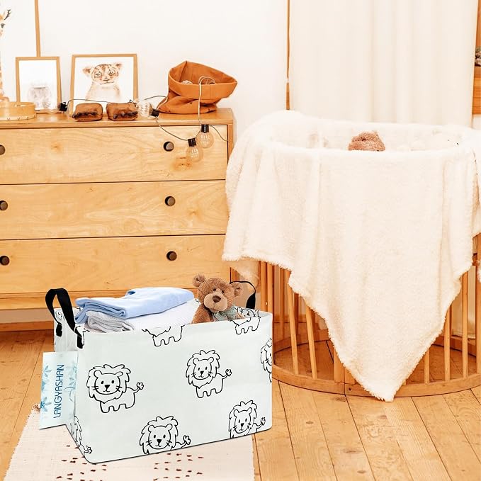 Rectangular Collapsible Lion Storage Basket Nursery Organizer | Storage Bin Foldable Canvas with Handles for Organizing Home Kitchen Children Toys Office Closet Shelf Baskets