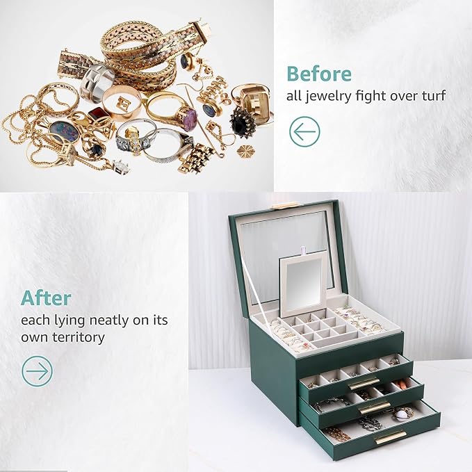 BOOVO Clear Lid Jewelry Box,3 Layers Jewelry Organizer Large Jewelry Storage Box with 2 Drawers,Jewelry Holder Organzier of Rings Earrings Necklace Bracelets for Women (Dark Green, 4 Layer)