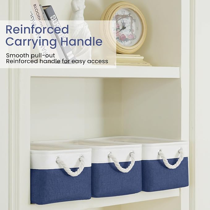 Storage Baskets for Shelves 13.8x9.8x6.7 Inch, Foldable Fabric Storage Bins with Handles, Small Storage Baskets for Organizing Closet, Office, Home Organization (6-Pack, White&Blue)
