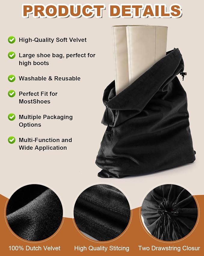 2 Pcs Shoe Bags for Travel, Large Boot Bag, Black Beauty, 21.2x13.3 Inch | Washable & Reusable Travel Shoe Bags, Dustproof Shoe Bags with Drawstring Closure, Suitable for Travel, Home Storage